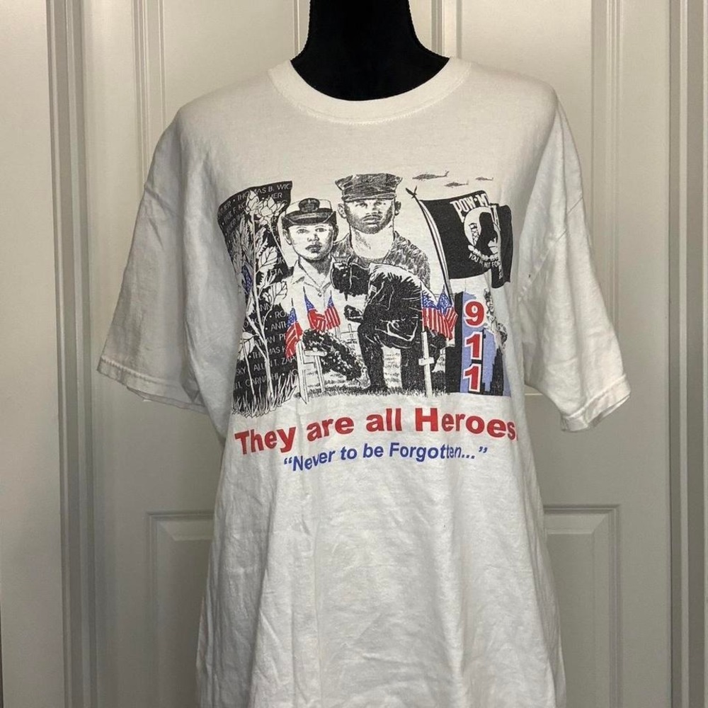 Vintage 9/11 Memorial T Shirt | They Are All Heroes Graphic Tee - Size L